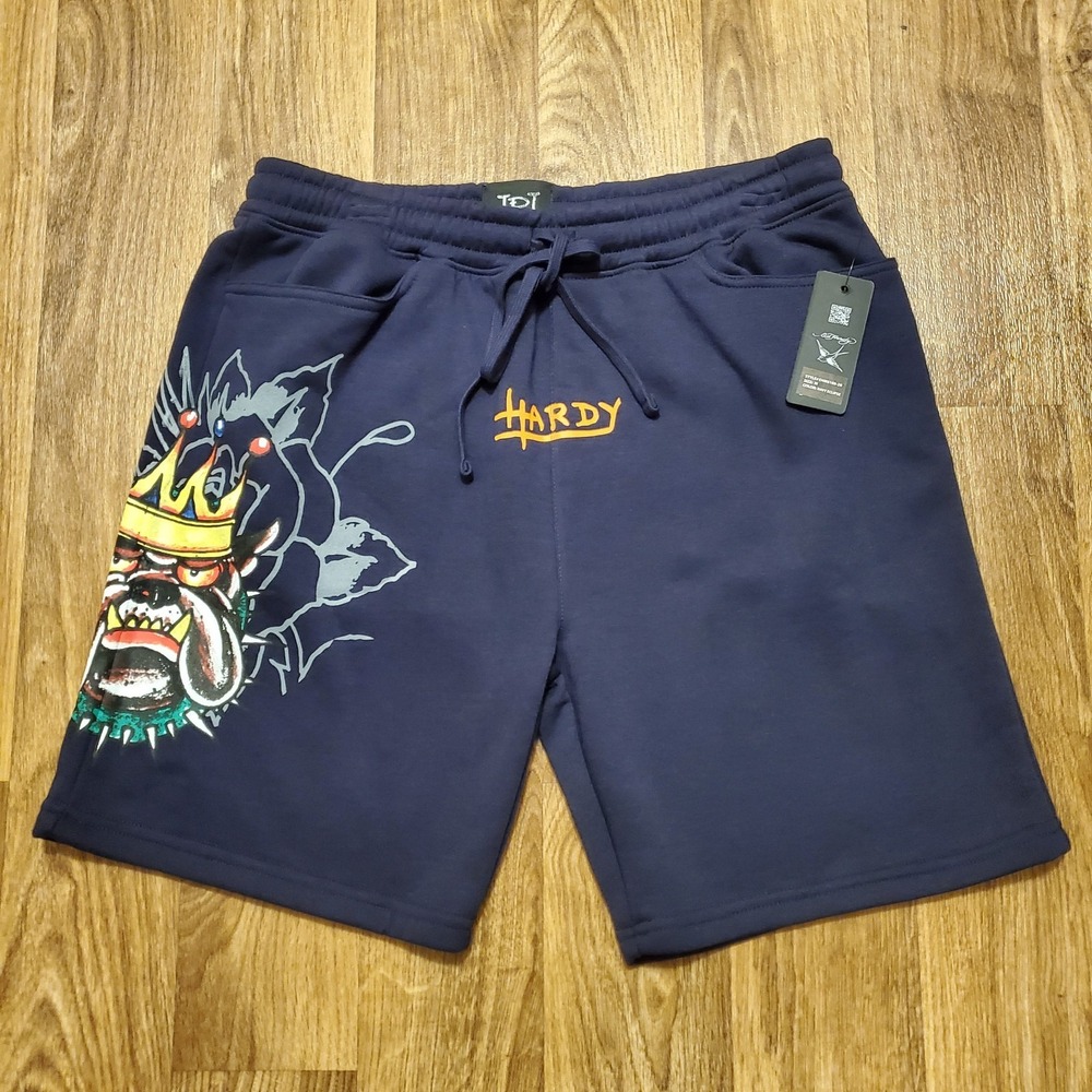 ED Hardy Shorts Men Medium Blue Eclipse Fleece Bulldog Logo New